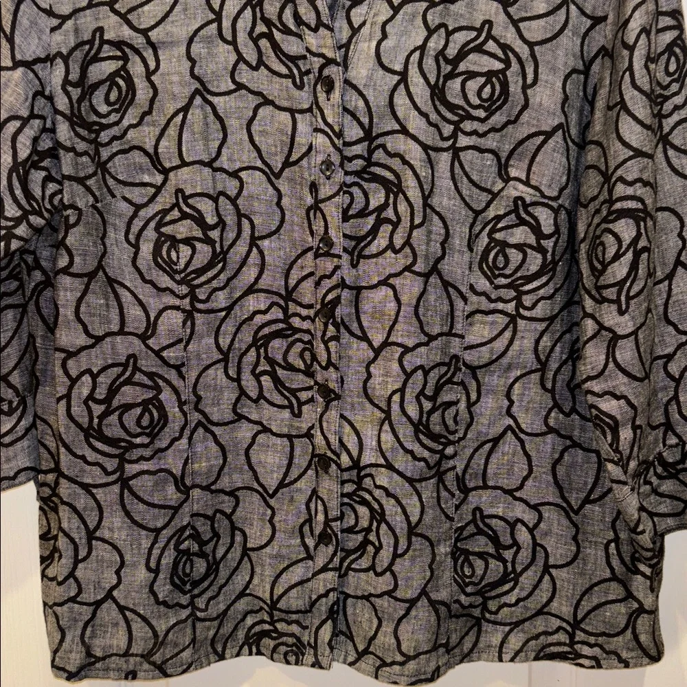 JM COLLECTION BLACK AND GRAY FLORAL DESIGN 100% LINEN JACKET/SHACKET/TOP
SIZE 14 - Picture 7 of 9